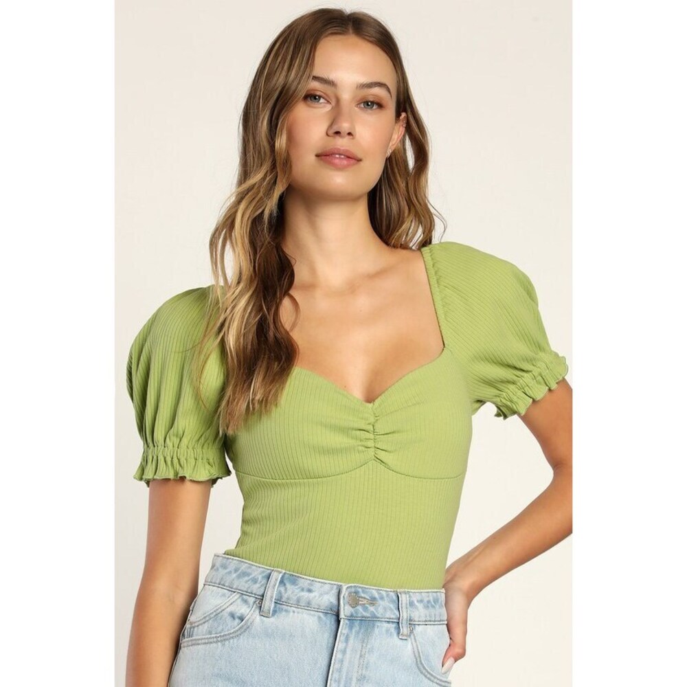Lulus Romantic Inclination Lime Green Ribbed Knit Puff Sleeve Bodysuit - Size M